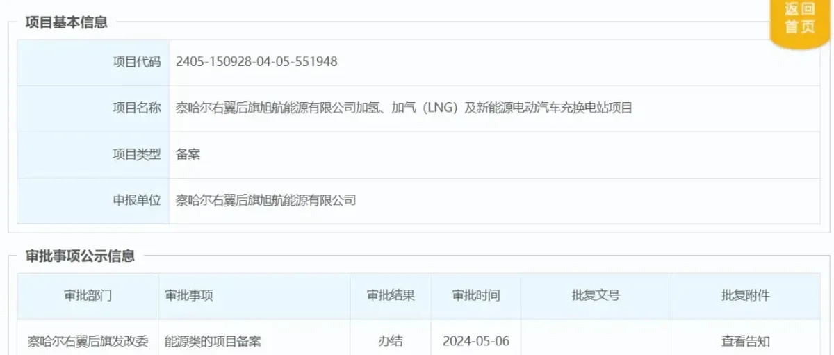 内蒙古察右后旗旭航能源加氢加气充换电合建站获备案