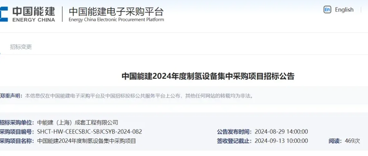 中能建最新125套电解槽超大订单招标!中国氢能风向标请密切关注