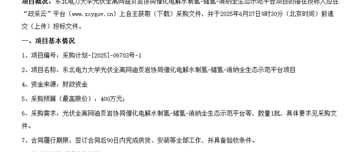 东电光伏全离网油页岩协同催化电解水制储氢消纳全生态示范平台项目招标