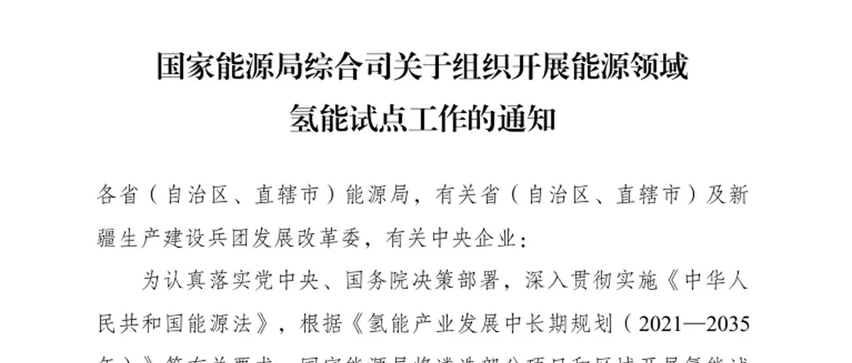 重磅!国家能源局开展能源领域氢能试点