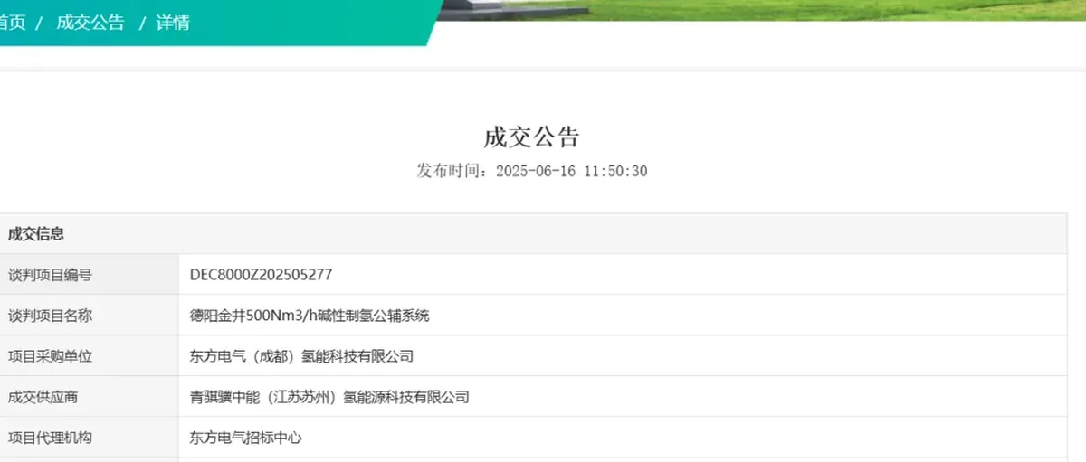 青骐骥中标东方电气德阳金井碱性电解槽公辅系统采购