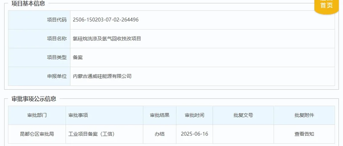 通威股份内蒙古氯硅烷洗涤及氢气回收技改项目获备案