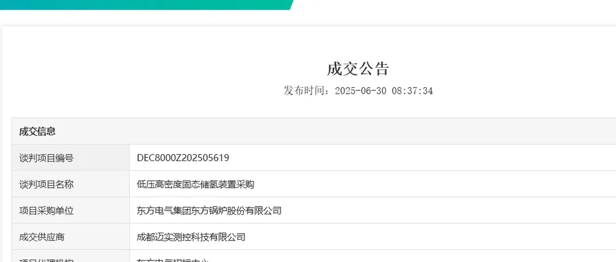 东方电气集团低压高密度固态储氢采购 迈实测控成供应商