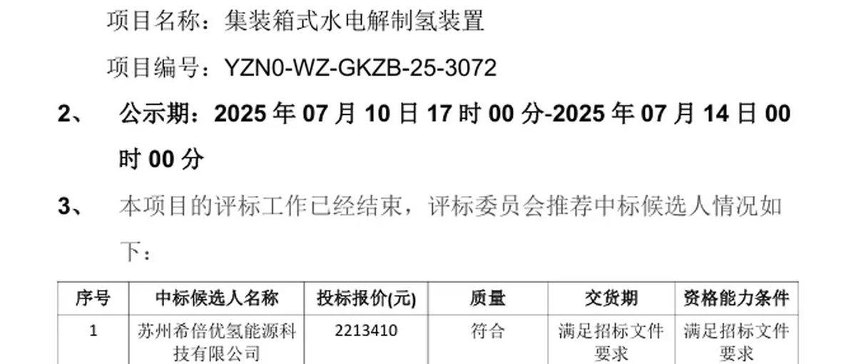 氢能项目评标结果：希倍优 科威尔将斩获订单