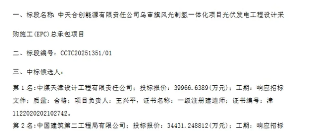 中煤天津设计：预中标4亿中天合创乌审旗风光氢光伏发电EPC