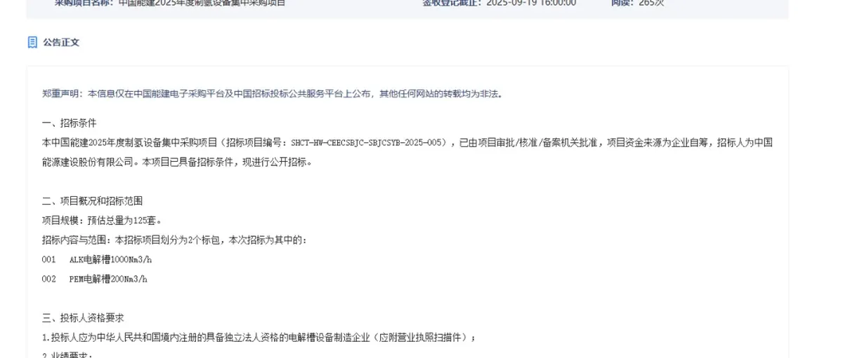 125套电解槽超级订单!中能建今年制氢设备集采来了