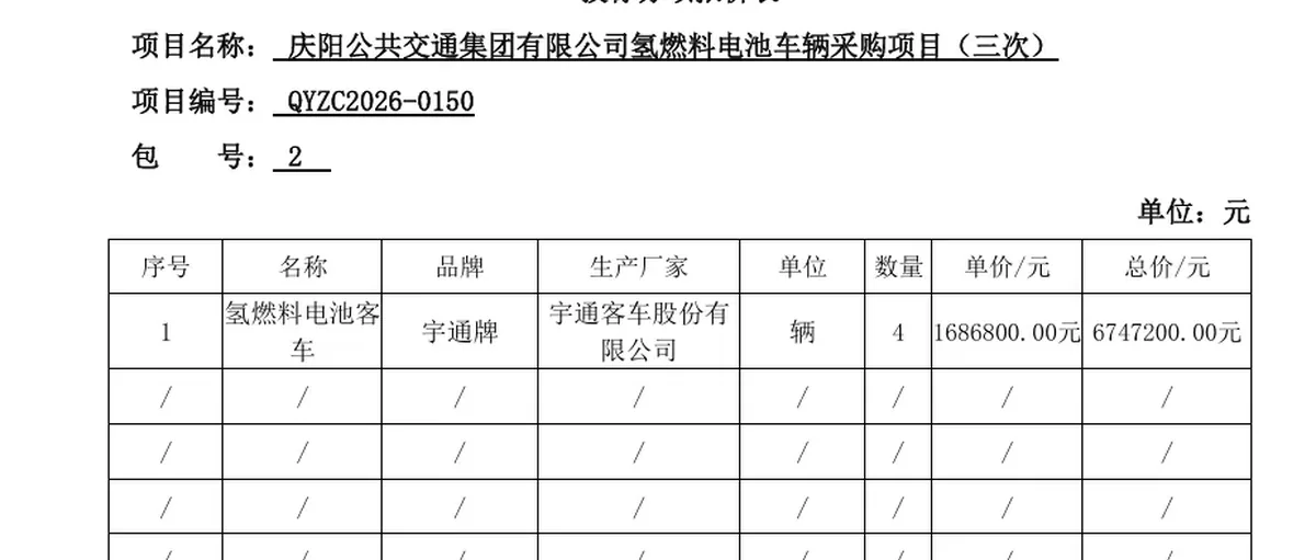 674万!宇通客车中标庆阳4辆氢能公交采购