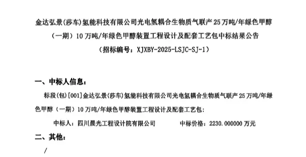 绿甲醇开标：金达弘景莎车一期10万吨 华氢甘肃山丹6.8亿项目