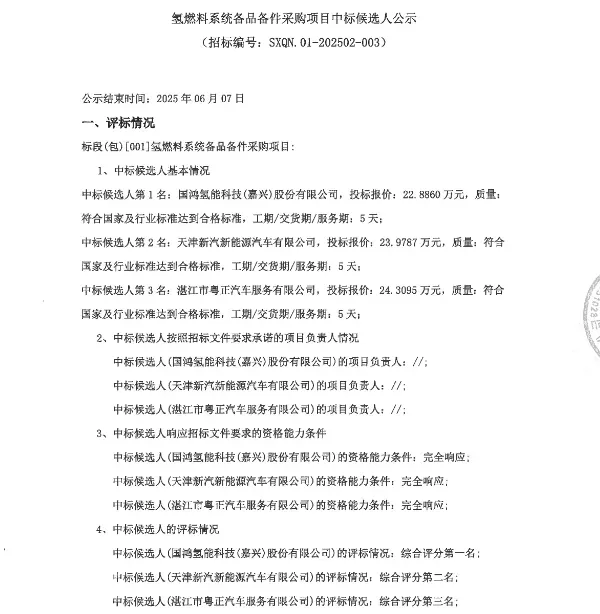 国鸿氢能：预中标陕西氢能燃料系统备品备件采购项目
