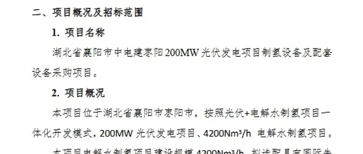 中电建枣阳200MW项目4200Nm³h制氢电解槽采购
