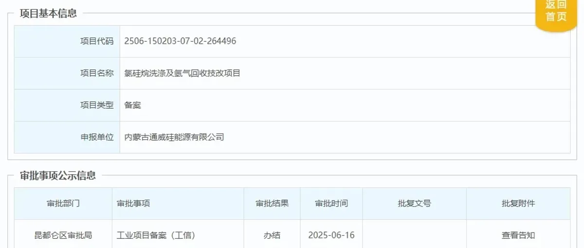 通威股份内蒙古氯硅烷洗涤及氢气回收技改项目获备案