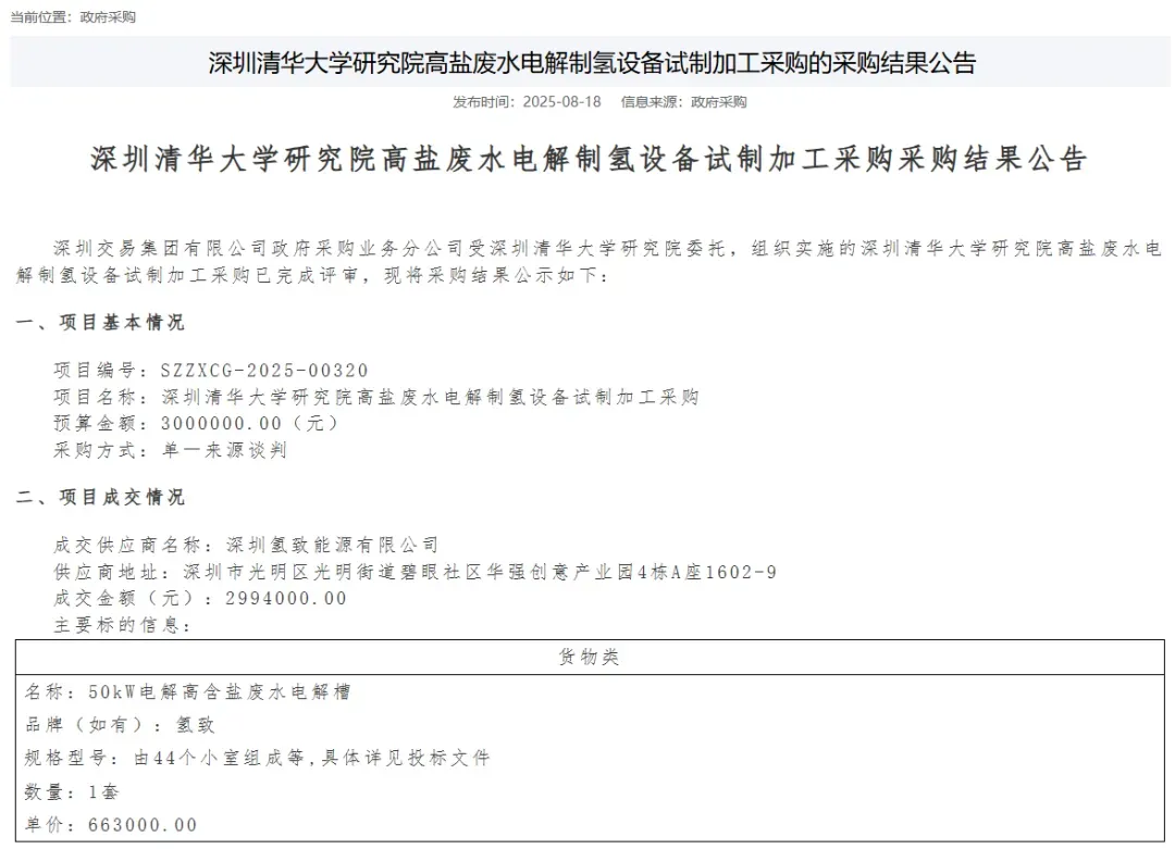 深圳清华大学研究院采购氢致50kW电解高含盐废水电解槽