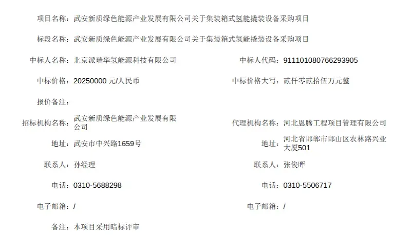 中船派瑞：暗标中标河北武安集装箱式氢能撬装设备采购