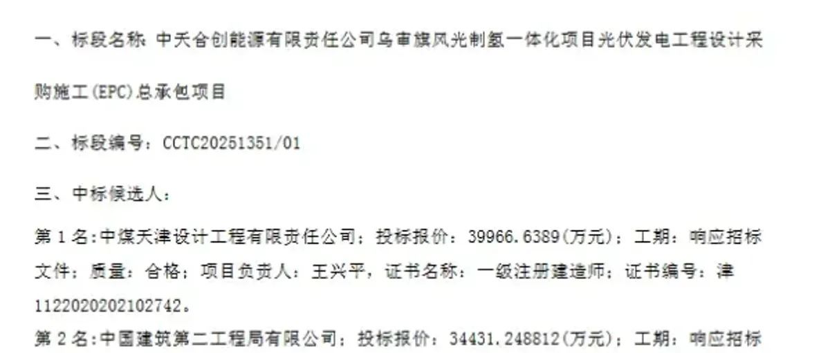 中煤天津设计:预中标4亿中天合创乌审旗风光氢光伏发电EPC
