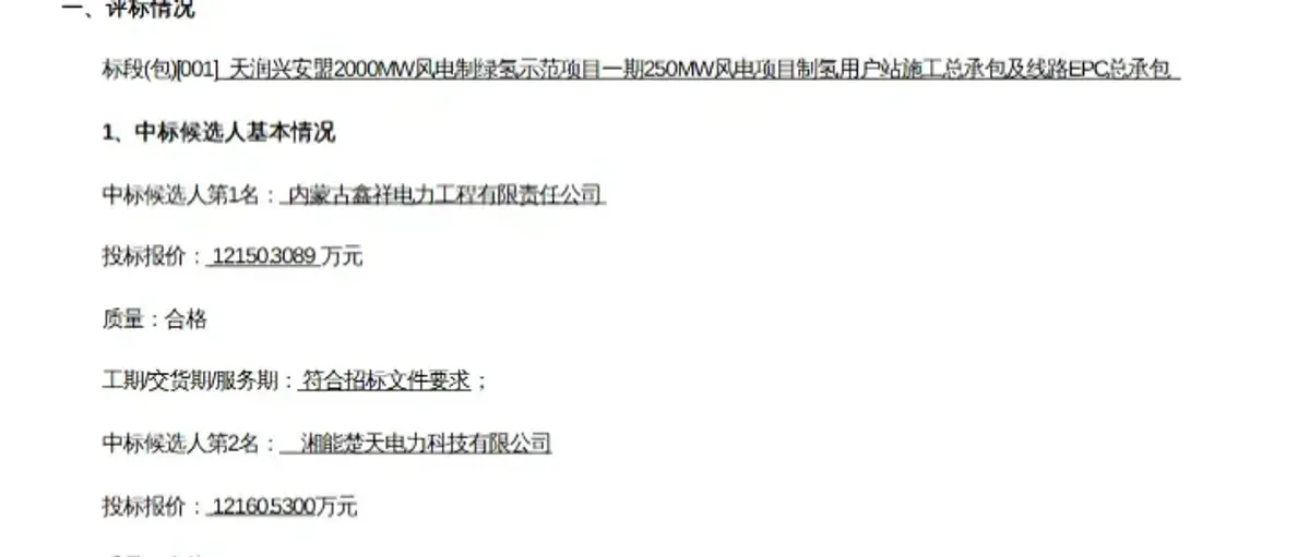 金风天润兴安盟2吉瓦风电制绿氢示范项目一期EPC开标